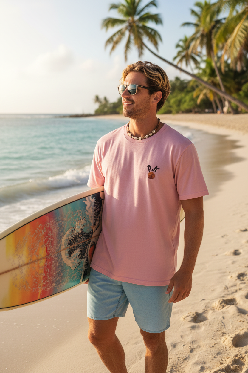 Surfer avec T-shirt rose vacances
